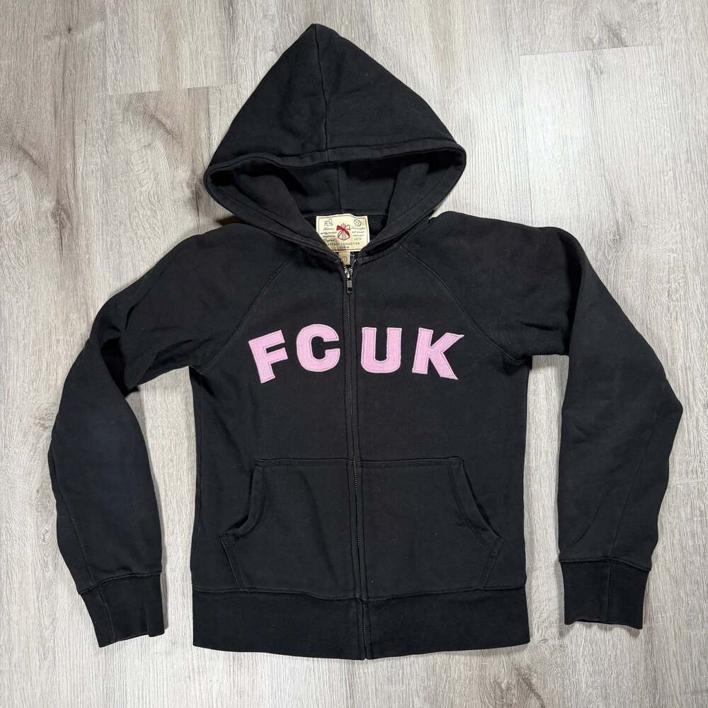 Y2K Womens French Connection FCUK Black Zip-Up Hoodie Small